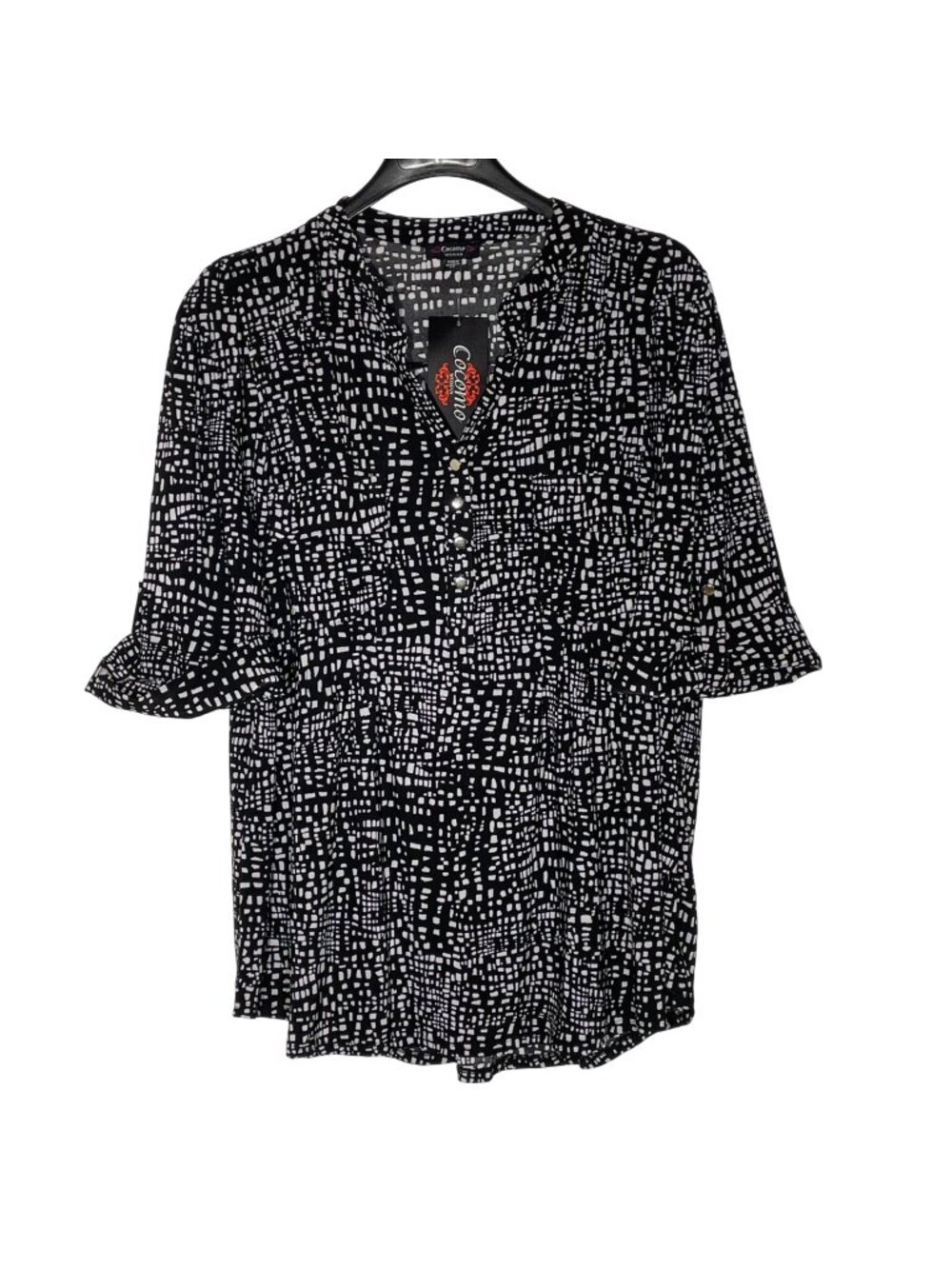 Cocomo Geometric Dotted Pintuck Stretch Popover Top Sz 2X Black White
